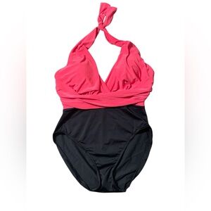 V1- Vanishing Act Women’s 12 Large Pink & Black 1PC Halter Swimsuit Bathingsuit